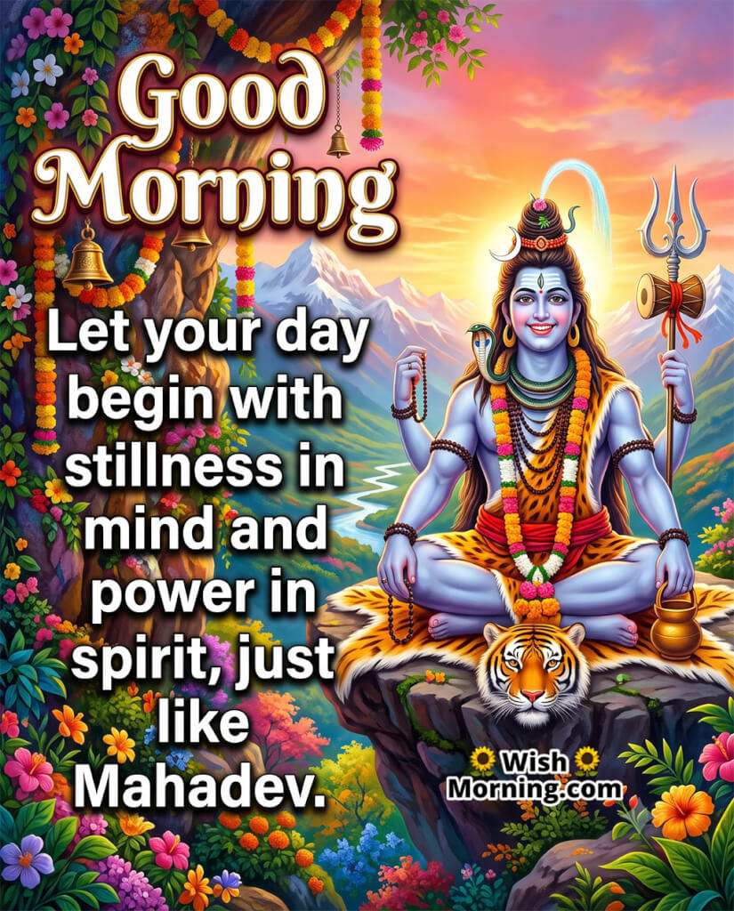 Good Morning Mahadev Quote Wish for Inner Peace featuring Lord Shiva seated peacefully in the Himalayas, symbolizing mental calm, spiritual strength, and a serene new beginning.
