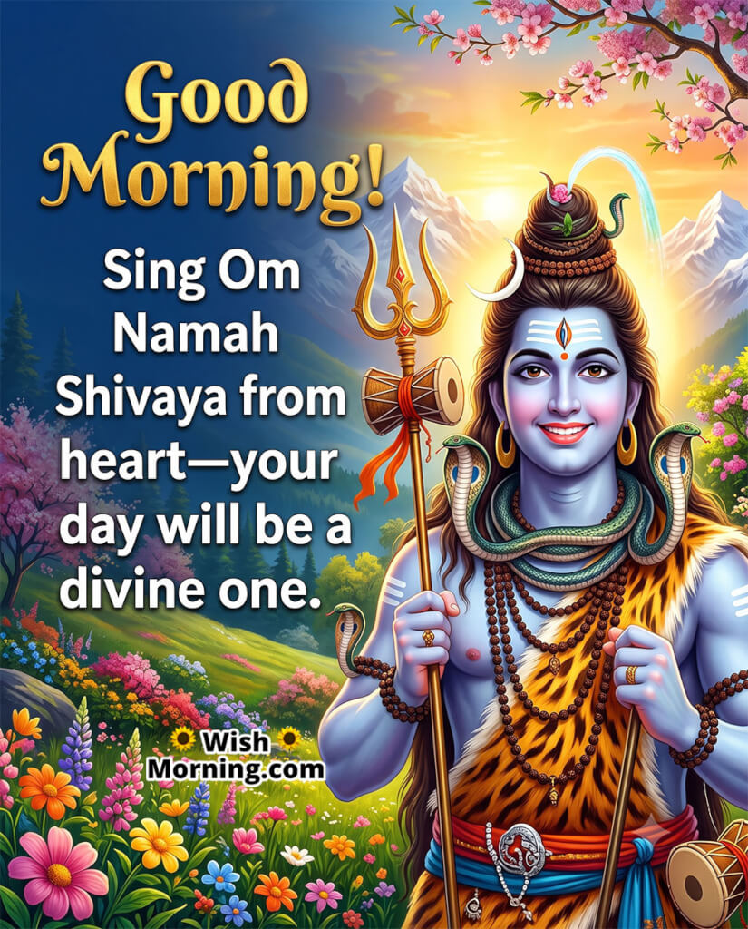 Good Morning Om Namah Shivaya Wish featuring Lord Shiva holding the trident in a colorful Himalayan landscape, symbolizing devotion, inner peace, and auspicious morning blessings.