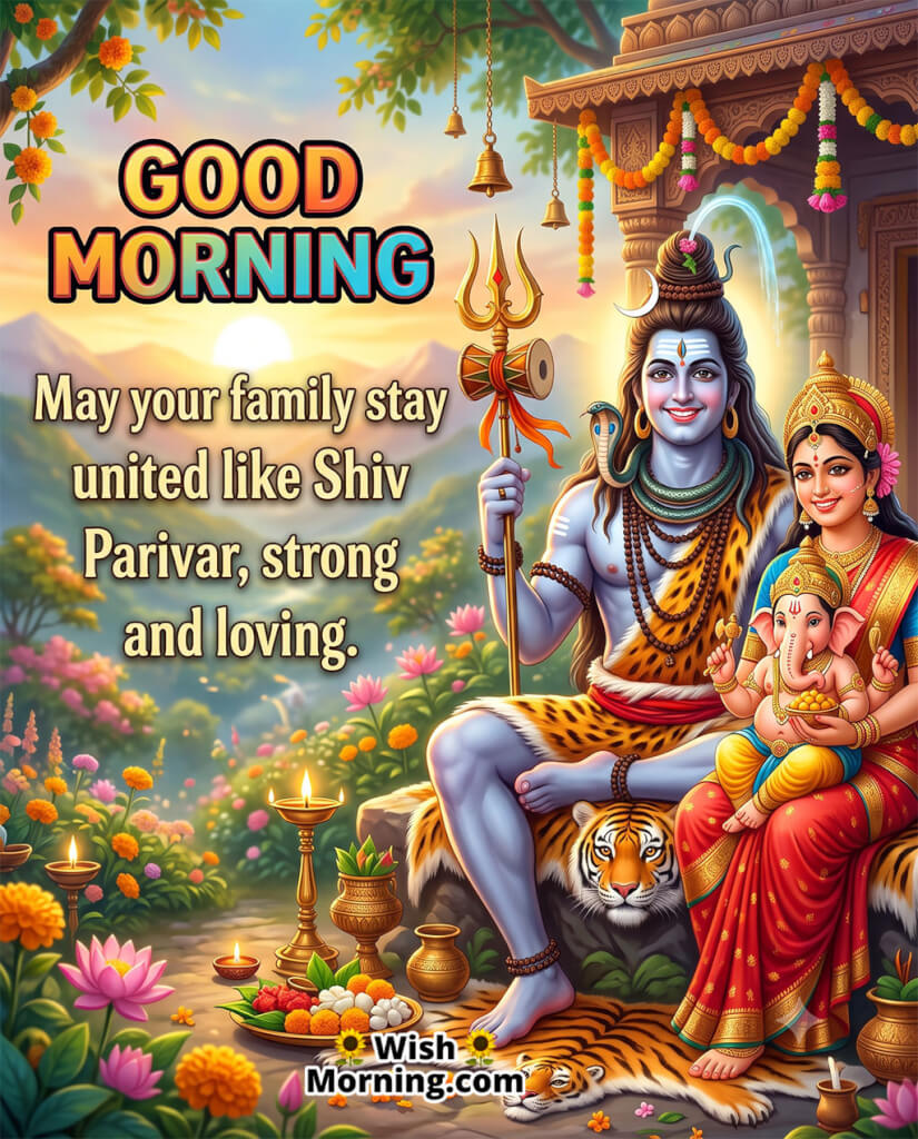 Good Morning Shiv Parivar Family Unity Image featuring Lord Shiva, Goddess Parvati, and Lord Ganesha together, symbolizing love, unity, and lifelong family togetherness.