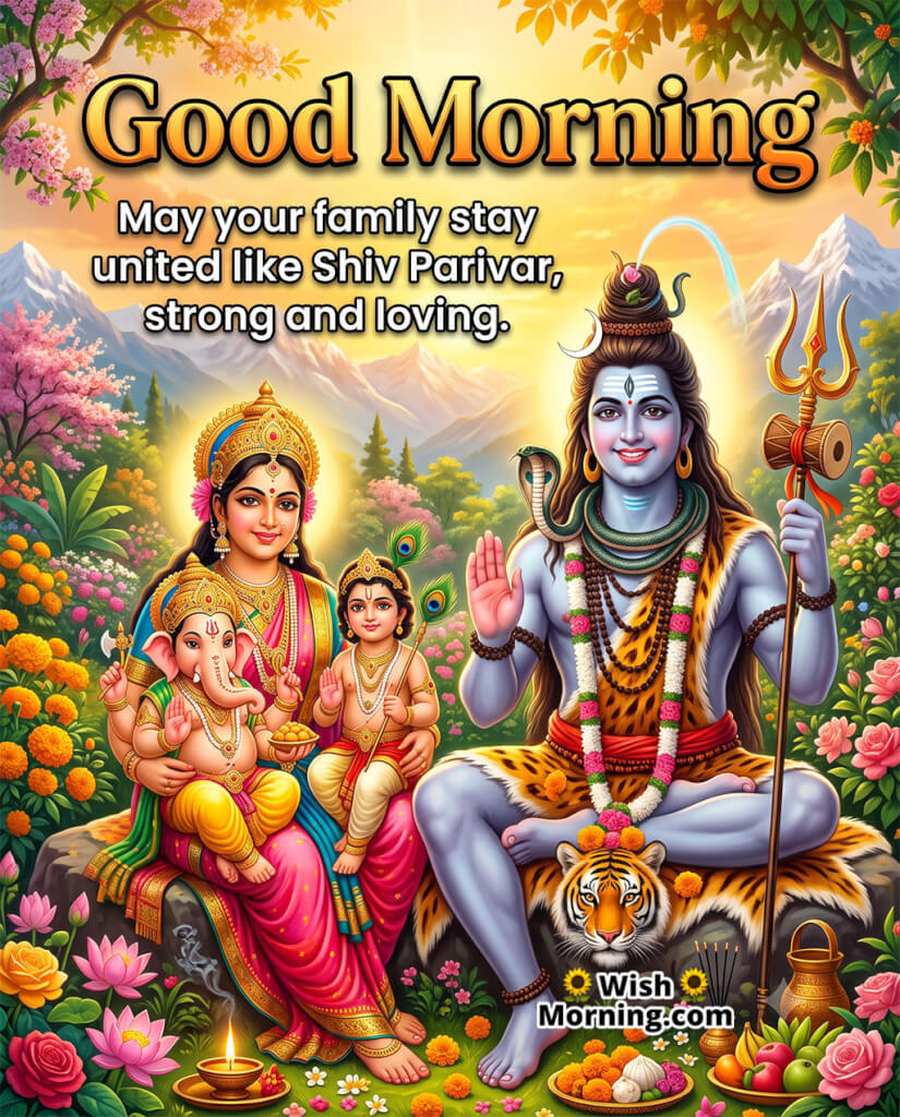 Good Morning Shiv Parivar Loving Family Image featuring Lord Shiva, Goddess Parvati, Lord Ganesha, and Kartikeya, symbolizing a loving family, peace, and everlasting happiness.
