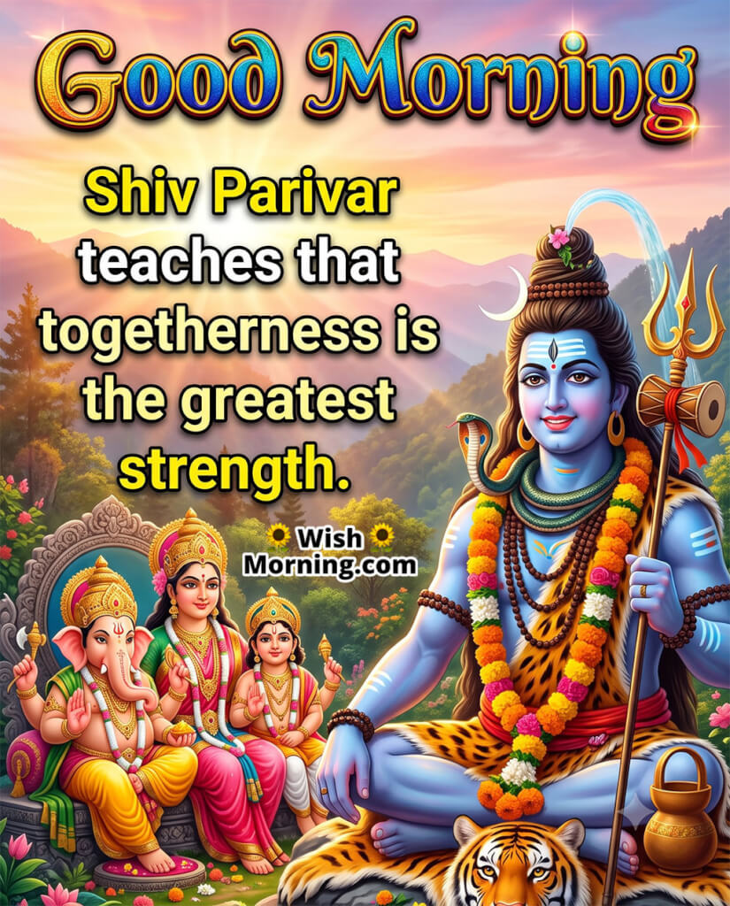 Good Morning Shiv Parivar Togetherness Quote Image featuring Lord Shiva with the divine family, symbolizing togetherness, family values, and unbreakable strength.