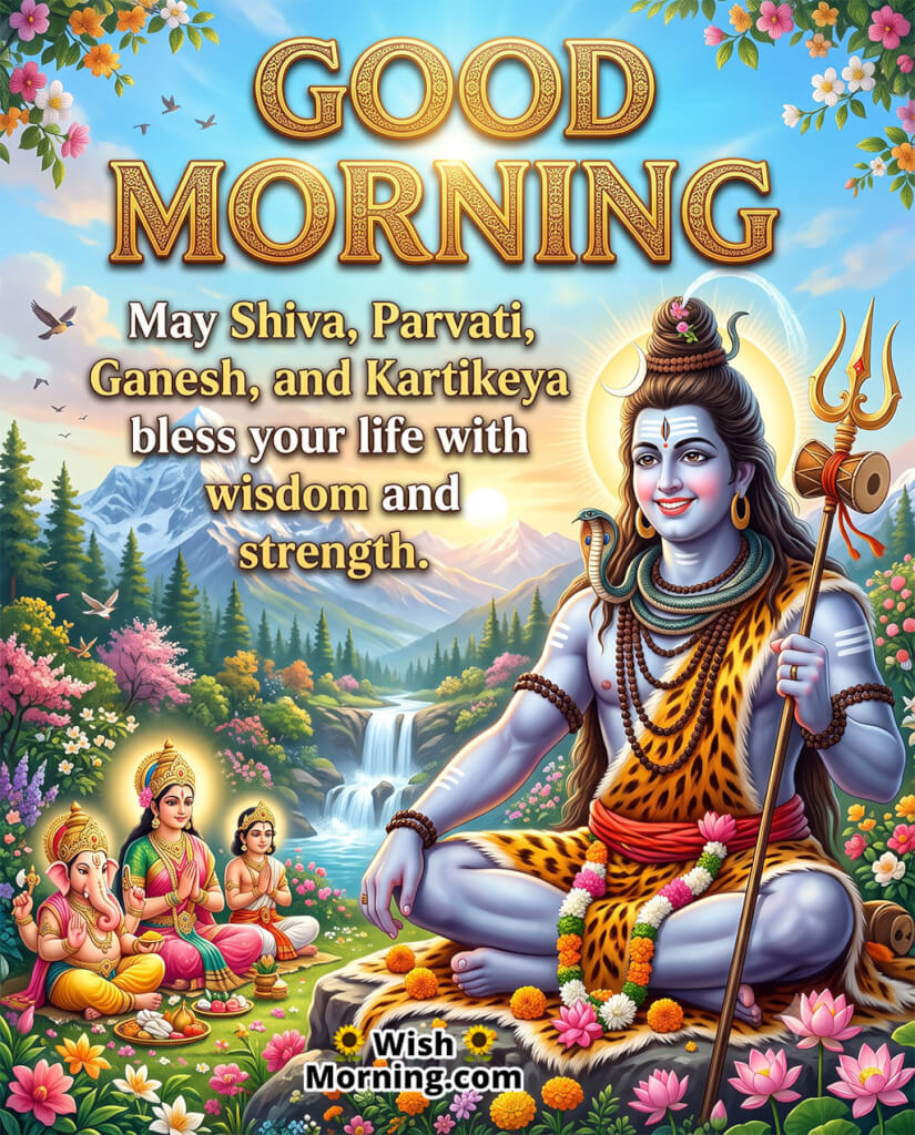 Good Morning Shiv Parivar Wisdom and Strength Image featuring the complete Shiv Parivar in the Himalayas, symbolizing wisdom, strength, prosperity, and divine guidance.