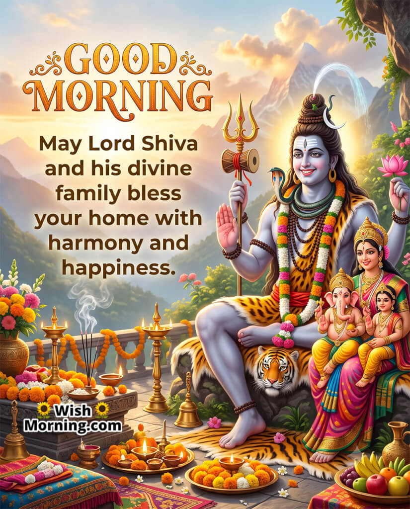 Good Morning Shiva Family Blessings Image featuring Lord Shiva, Goddess Parvati, Lord Ganesha, and Kartikeya, symbolizing harmony, happiness, and divine blessings for every home.