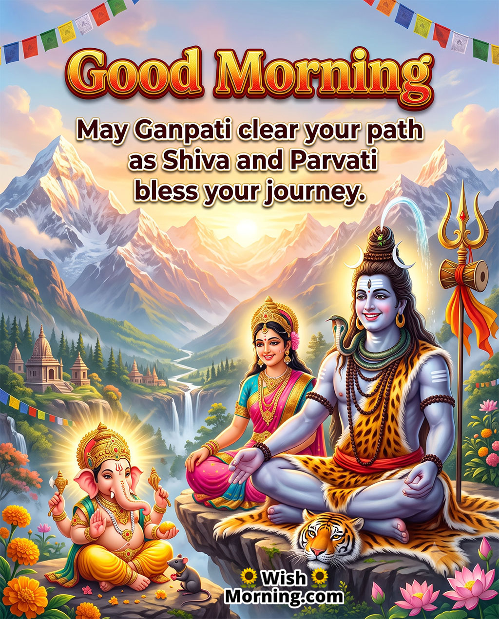 Good Morning Shiva Parvati Ganesh Blessings Image featuring Lord Shiva, Goddess Parvati, and Lord Ganesha in a divine Himalayan setting, symbolizing protection, success, and auspicious new beginnings.