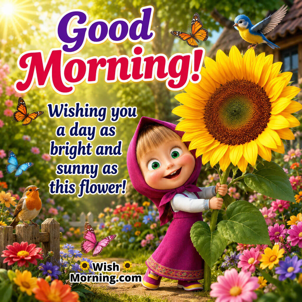 Good Morning Sunflower Masha Image featuring adorable Masha holding a giant sunflower in a colourful garden, symbolising happiness and sunshine.