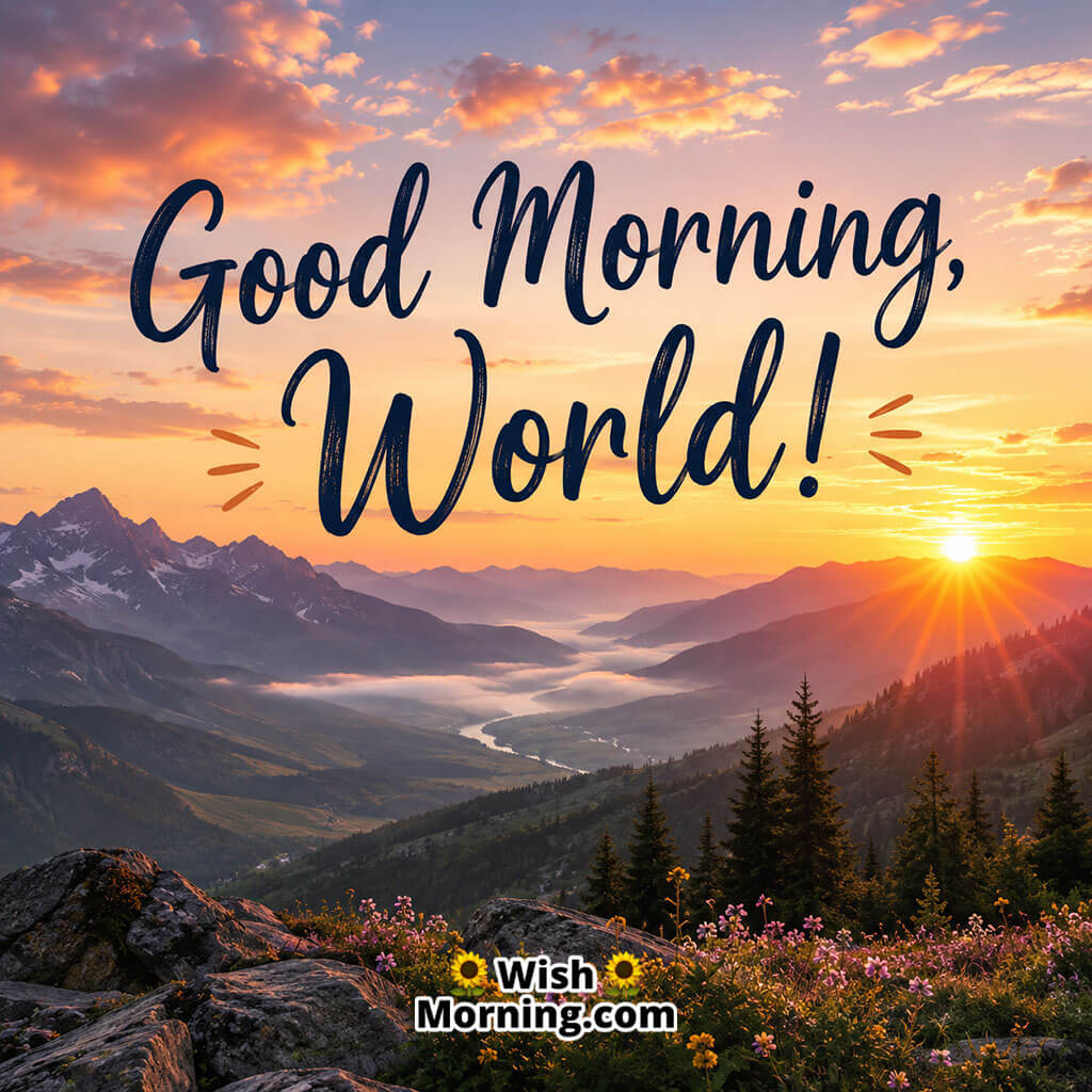 Good Morning World Nature Sunrise Image featuring breathtaking mountains and valleys illuminated by the gentle light of dawn, creating a peaceful landscape that symbolizes beauty, inspiration, and a refreshing new morning.