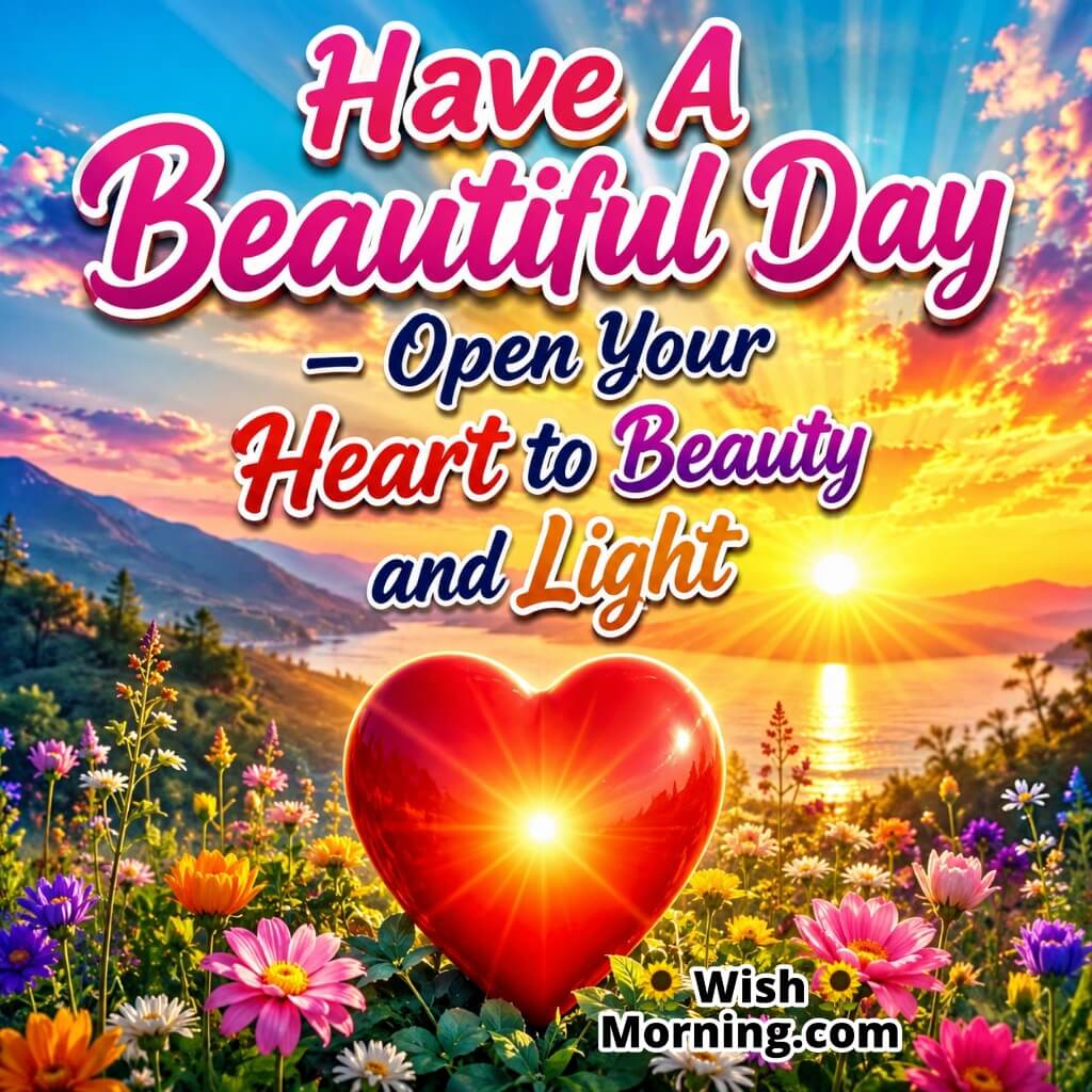 Have a Beautiful Day Heart of Light Image featuring a glowing red heart, colourful wildflowers, a golden sunrise over a peaceful lake, and radiant morning light symbolizing love, beauty, hope, and positivity.