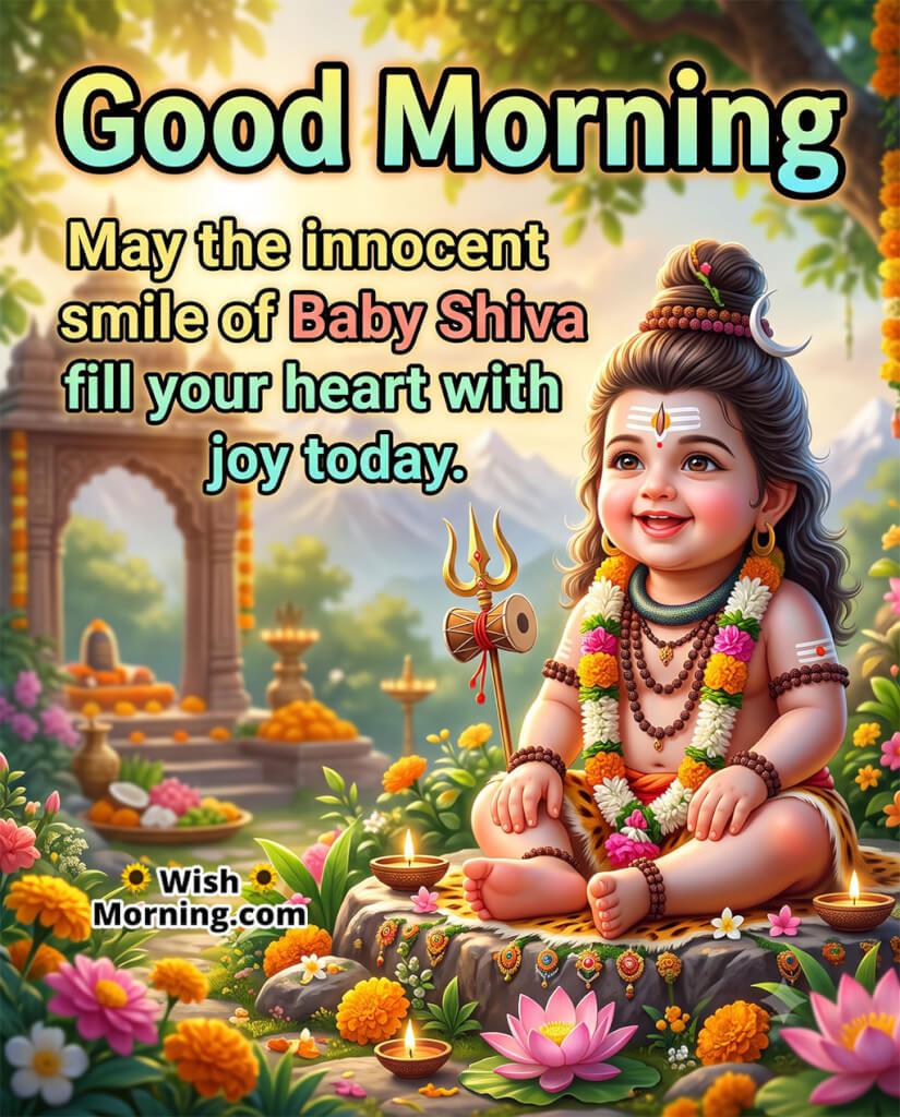 Innocent Good Morning Baby Shiva Image featuring smiling Baby Shiva in a peaceful temple garden, symbolizing joy, purity, and a heart filled with happiness.
