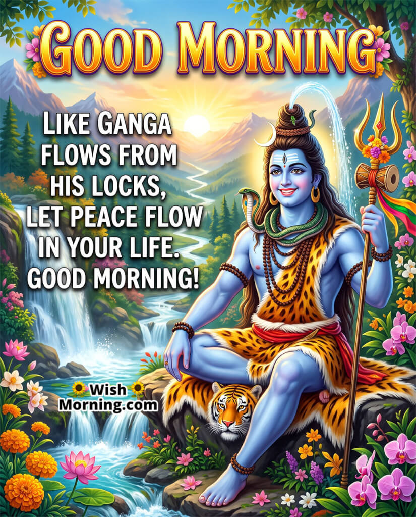 Peaceful Good Morning Lord Shiva Image featuring Lord Shiva beside the flowing Ganga in the Himalayas, symbolizing peace, purity, and a calm beginning to the day.