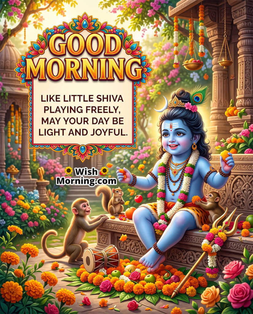 Playful Good Morning Baby Shiva Image featuring Little Shiva happily playing with monkeys in a temple courtyard, symbolizing carefree joy, innocence, and a cheerful new day.