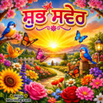 Punjabi Good Morning Image featuring a colorful sunrise garden with blooming flowers symbolizing a joyful new beginning.