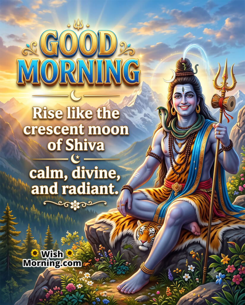 Radiant Good Morning Lord Shiva Image featuring Lord Shiva beneath the crescent moon with a glowing Himalayan sunrise, symbolizing wisdom, serenity, and spiritual radiance.
