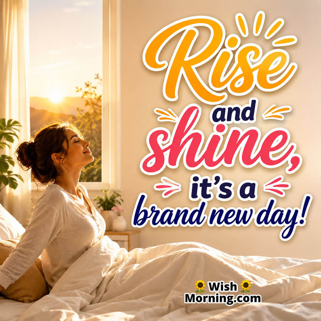 Rise and Shine Good Morning Image featuring a peaceful person waking up to the first light of dawn with a calm expression, soft sunrise glow, and a serene atmosphere symbolizing hope, gratitude, and a fresh new beginning.