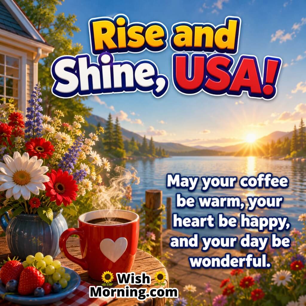 Rise and Shine USA Coffee Morning Wishes Image featuring a steaming coffee cup beside a lakeside sunrise with colourful flowers, symbolizing warmth, comfort, and cheerful morning moments.