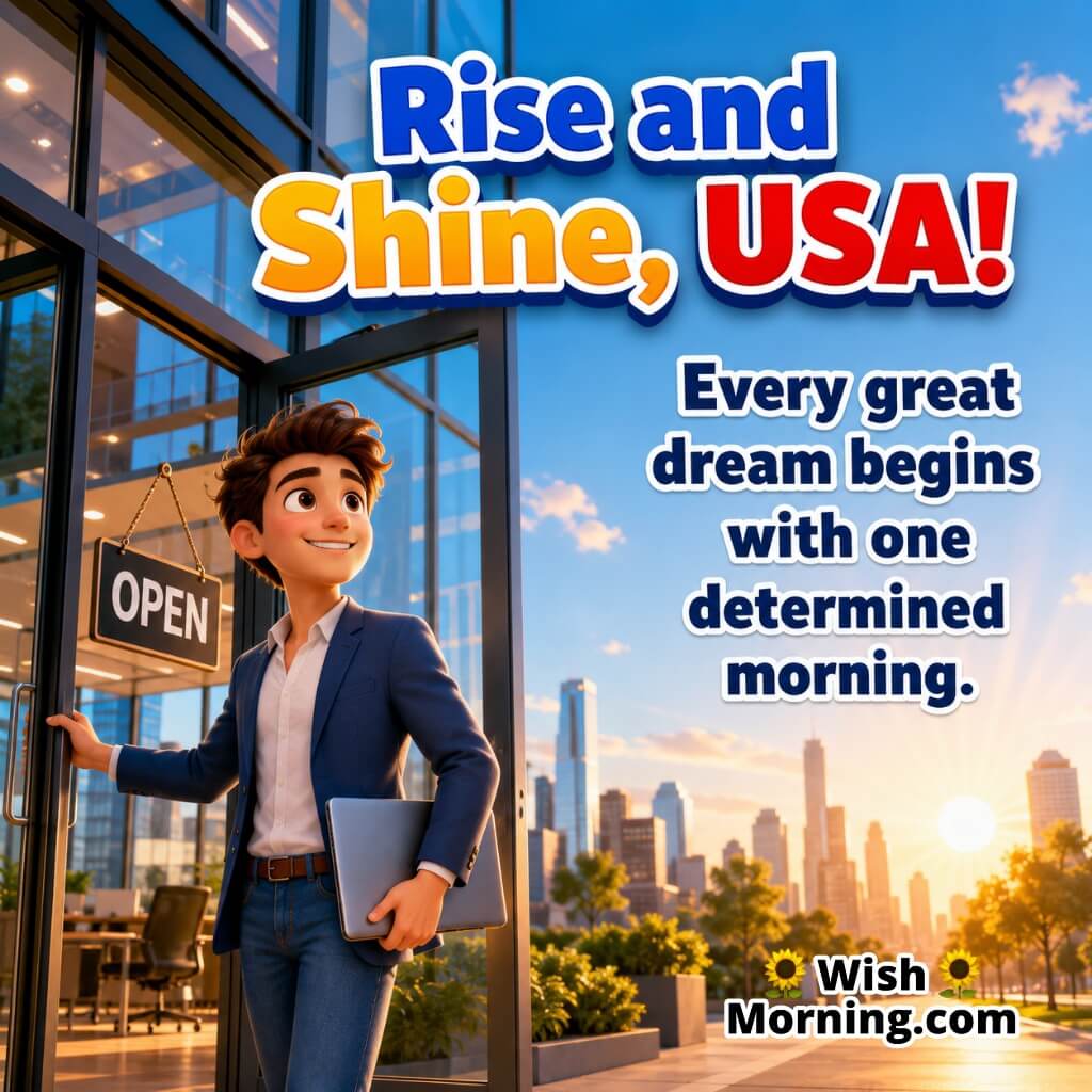 Rise and Shine USA Entrepreneur Morning Image featuring a young entrepreneur opening a modern office at sunrise, symbolizing determination, success, and new opportunities.