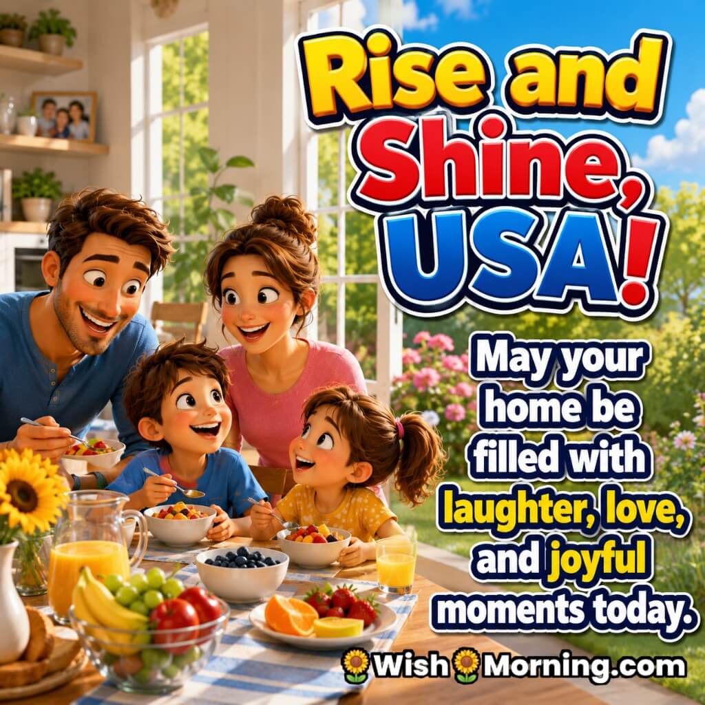 Rise and Shine USA Family Morning Wishes Image featuring a happy family enjoying breakfast together in a bright sunlit home, symbolizing love, laughter, togetherness, and joyful morning blessings.