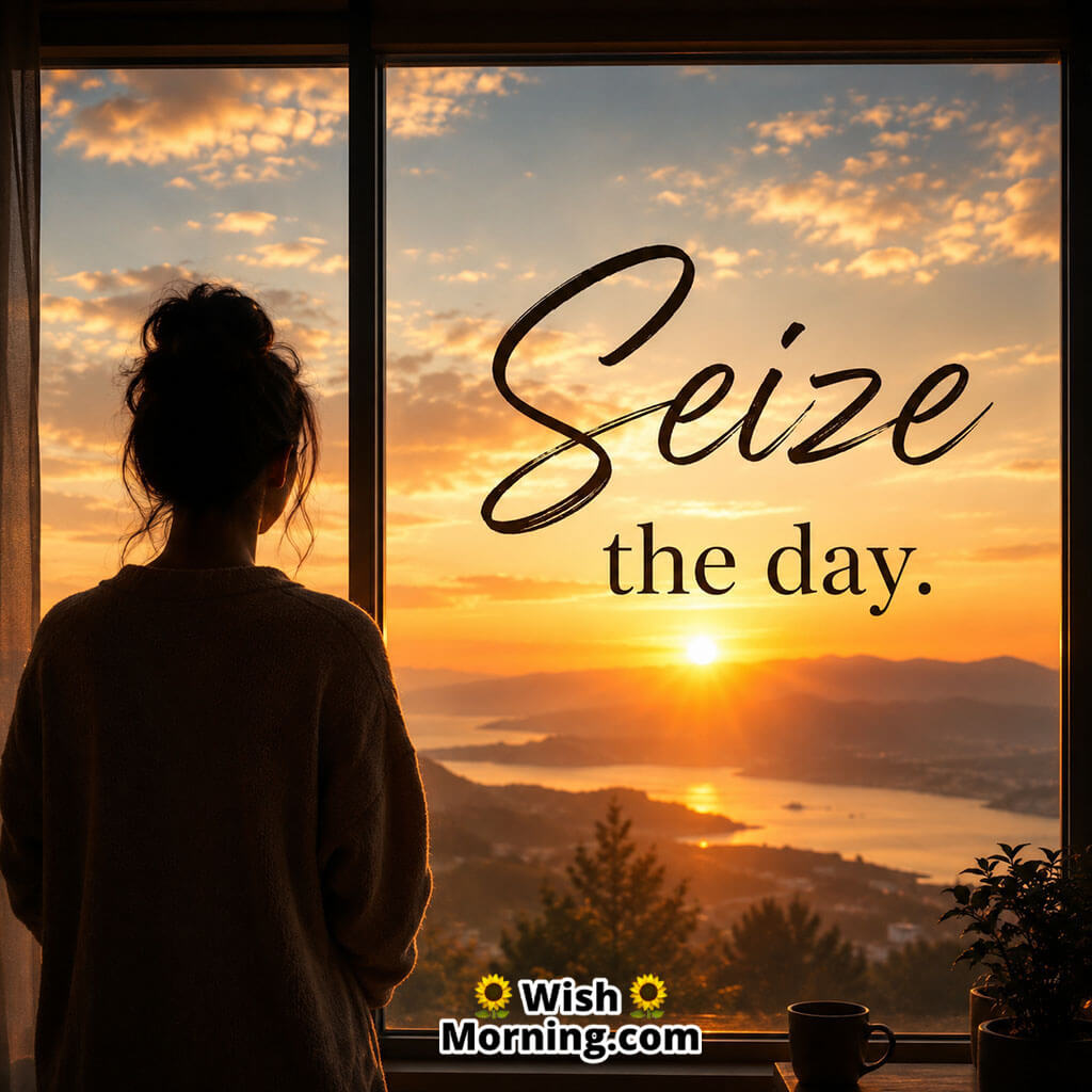 Seize the Day Good Morning HD Image featuring a person standing beside a window watching a radiant sunrise with awe and wonder, symbolizing hope, confidence, and new opportunities.