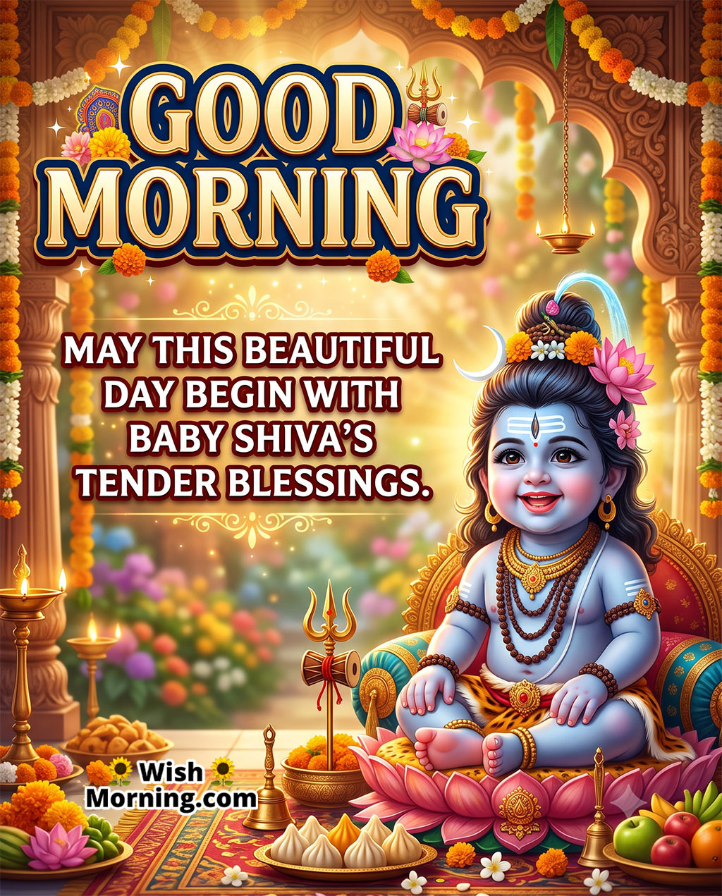 Tender Good Morning Baby Shiva Blessings Image featuring Baby Shiva seated on a lotus in a decorated temple, symbolizing divine care, peace, and a beautiful beginning to the day.