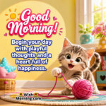 Cute Good Morning Kitten Playing with Yarn Image featuring a playful kitten happily rolling a pink yarn ball in a bright cozy room, symbolizing joy, fun, and a cheerful start to the day.