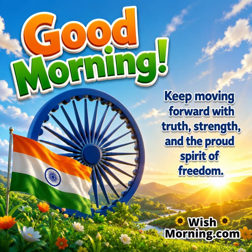 Good Morning Ashoka Chakra Strength Quote featuring the Indian flag and a large Ashoka Chakra in a bright morning landscape, symbolising truth, strength and freedom.