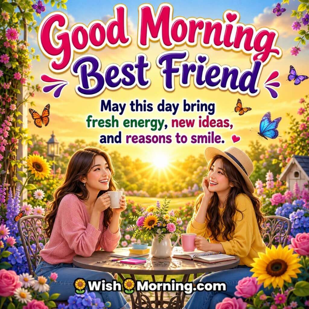 Good Morning Best Friend Fresh Energy Message featuring cheerful friends in a colorful sunrise garden symbolizing creativity and positivity
