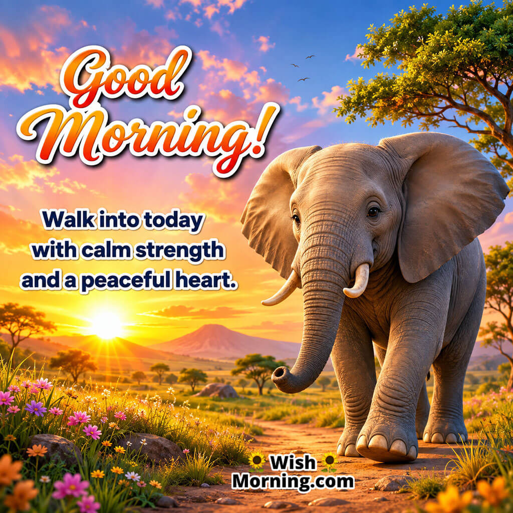 Good Morning Elephant Sunrise Quote on Calm Strength featuring a majestic elephant walking through green grass as the golden morning sun rises behind distant trees.