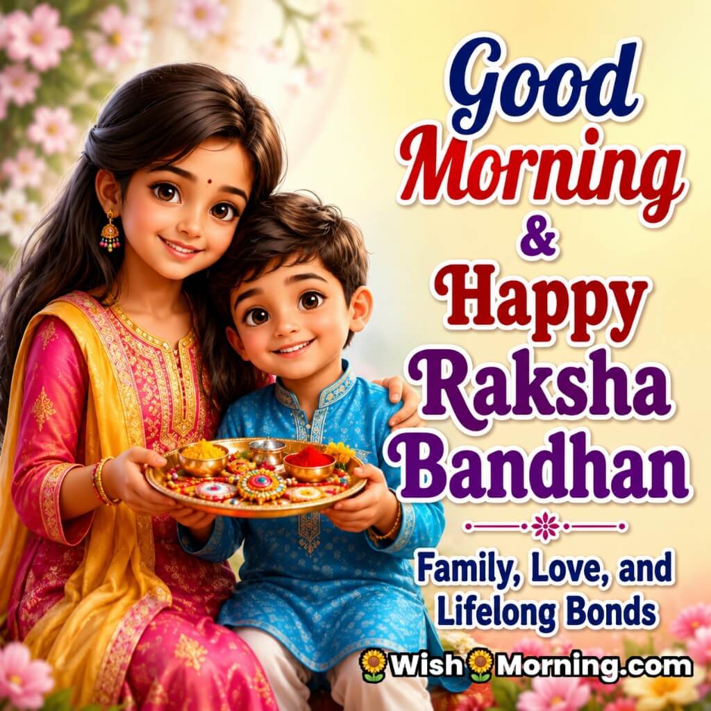 Good Morning Happy Raksha Bandhan Wish featuring a sister and younger brother holding a festive rakhi thali together, surrounded by flowers and traditional Indian celebration elements.