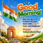 Good Morning India Gate Pride Quote featuring the Indian flag waving near India Gate at sunrise, symbolising freedom, hope and patriotic pride.