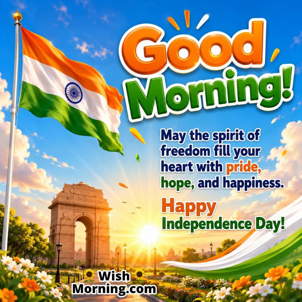 Good Morning India Gate Pride Quote featuring the Indian flag waving near India Gate at sunrise, symbolising freedom, hope and patriotic pride.