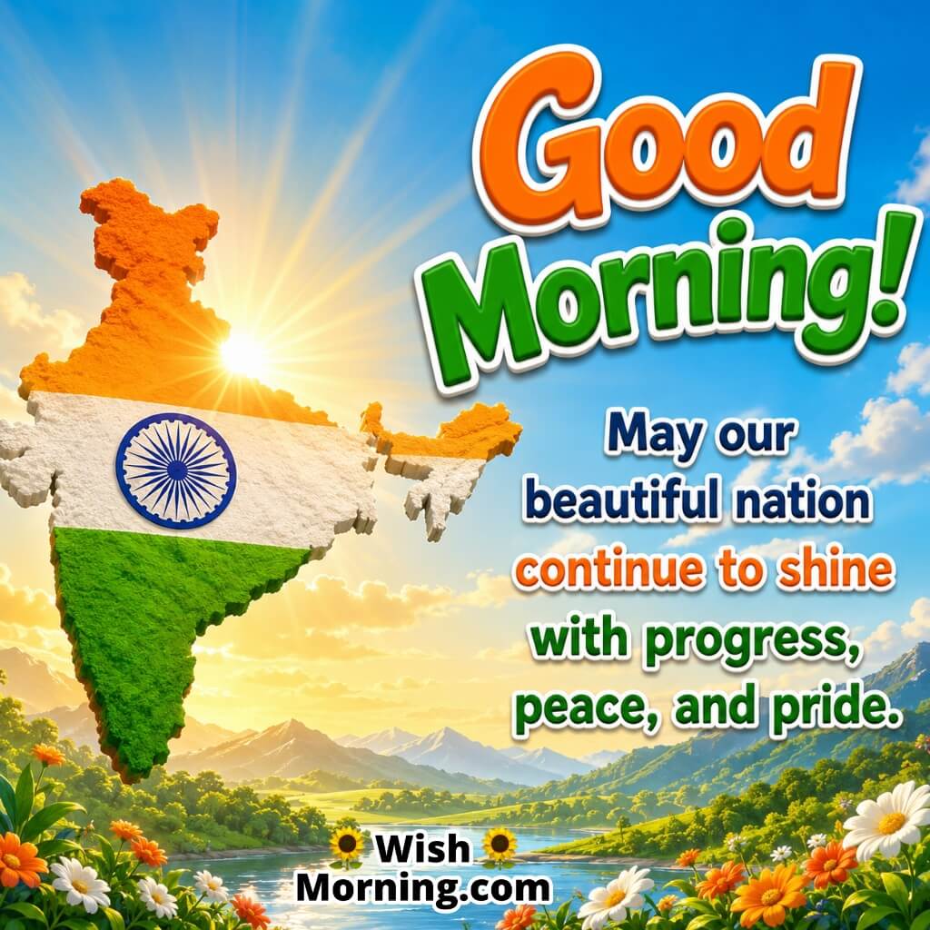 Good Morning India Map Progress Quote featuring a tricolour India map with the Ashoka Chakra against a glowing sunrise, symbolising progress, peace and national pride.