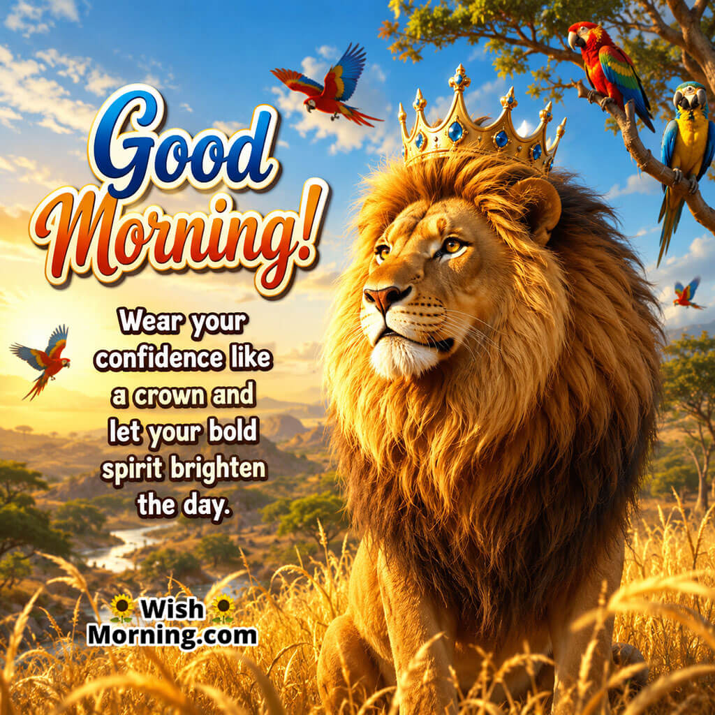 Good Morning Lion Confidence Wish featuring a proud lion among golden grass and colourful parrots, symbolising confidence, boldness and a bright positive spirit.