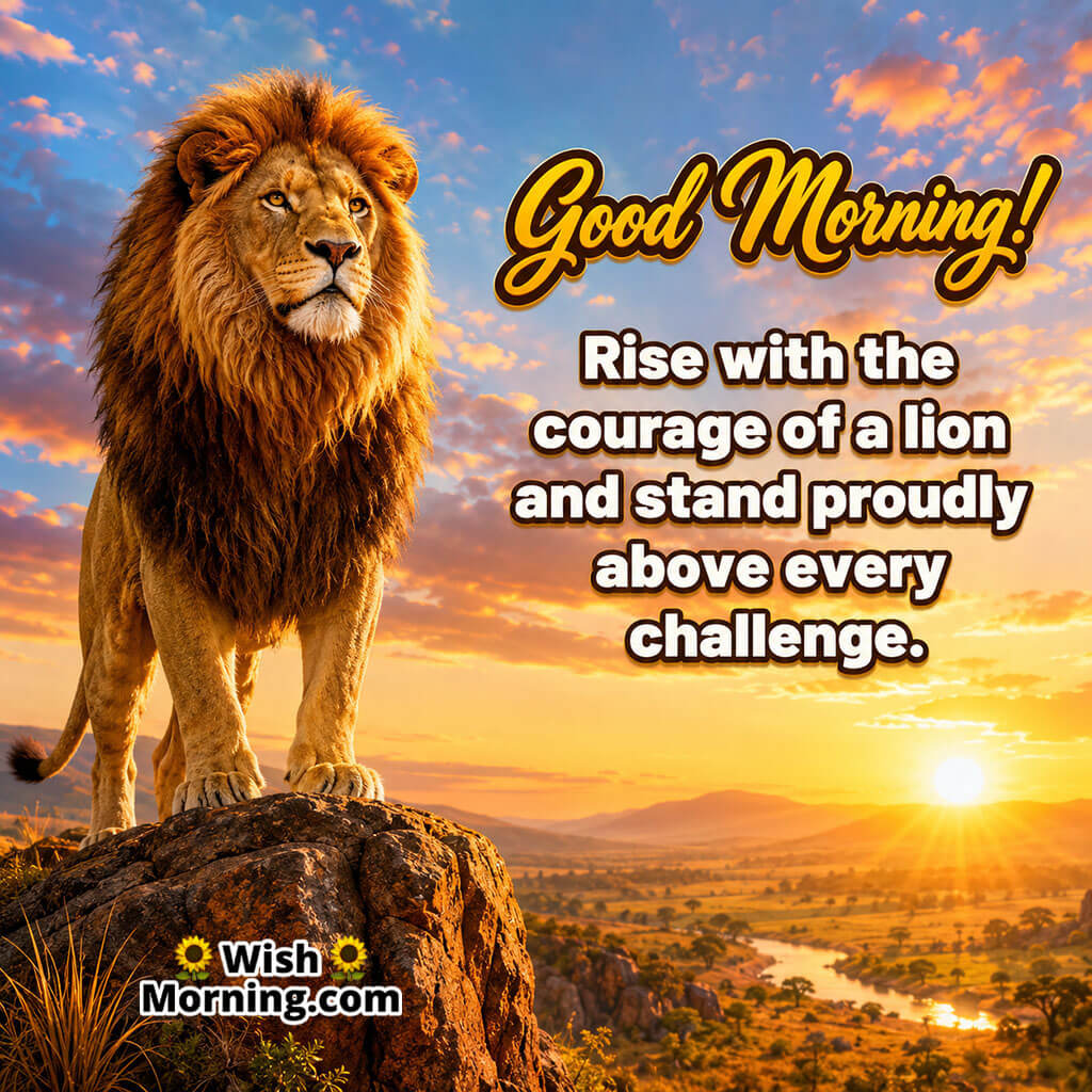 Good Morning Lion Sunrise Image featuring a majestic lion standing on a rocky cliff above the savanna at sunrise, symbolising courage and confidence.