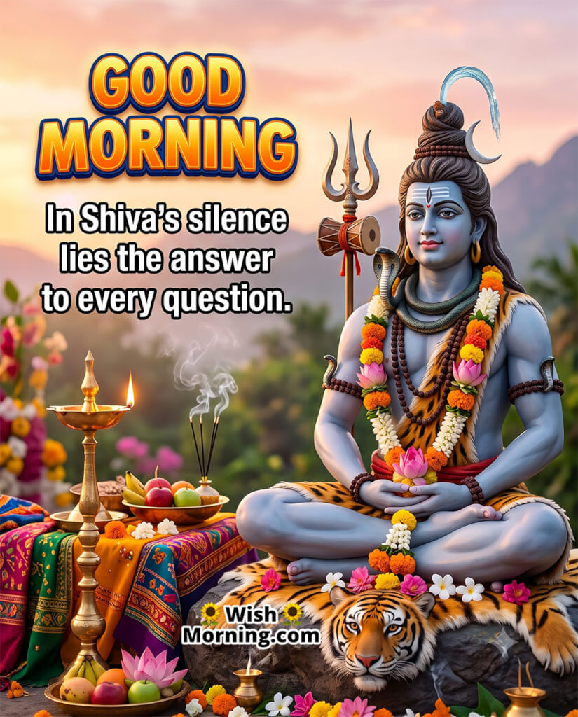 Good Morning Lord Shiva Silence Quote Image featuring Lord Shiva in meditation with a tiger, trishul, damru, diya and lotus offerings, symbolising inner wisdom and answers through silence.