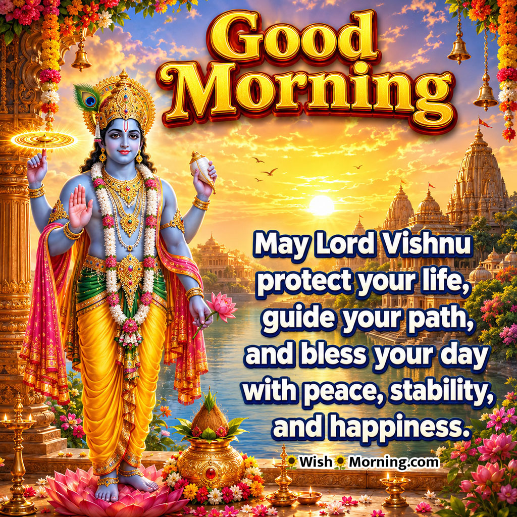 Good Morning Lord Vishnu Protection Blessing featuring Vishnu with Sudarshan Chakra in Abhaya Mudra, symbolizing divine protection and guidance.