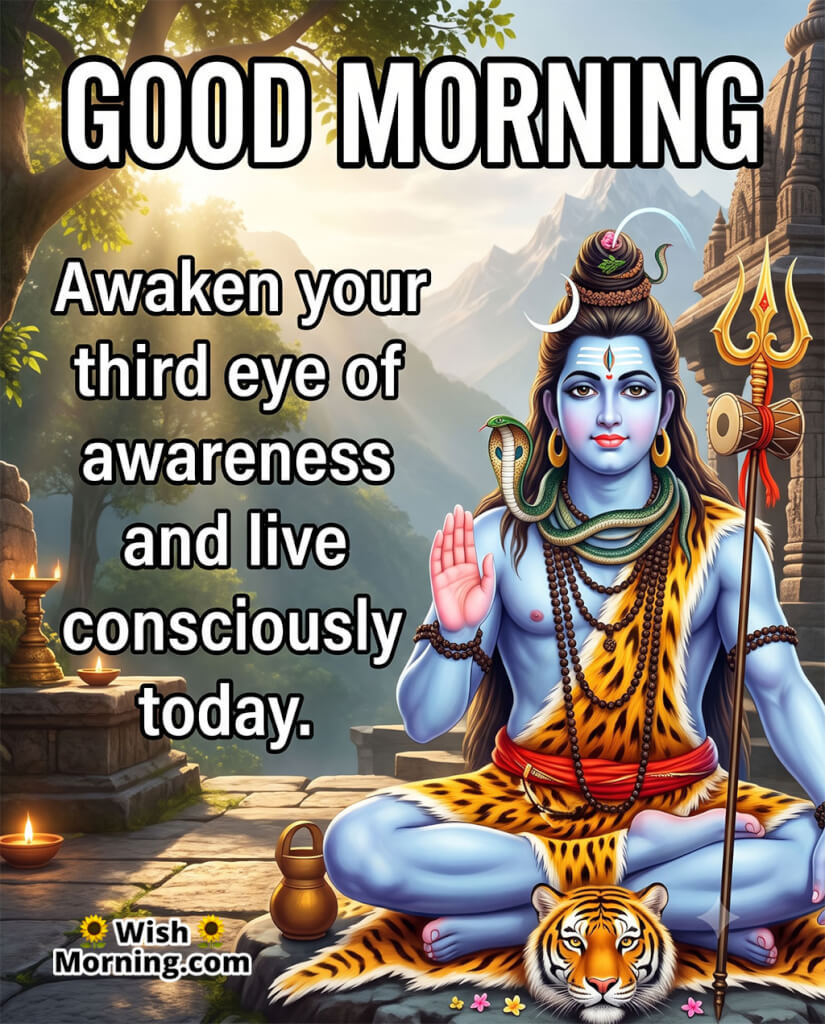 Good Morning Shiva Awareness Quote Image featuring Lord Shiva seated in meditation with his raised blessing hand, trishul and tiger in a serene mountain temple setting, symbolising spiritual awareness and conscious living.
