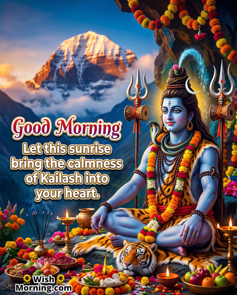 Good Morning Shiva Kailash Calmness Wish featuring Lord Shiva meditating before a snow-covered Himalayan peak at sunrise, surrounded by sacred flowers, diyas and offerings symbolising peace and serenity.