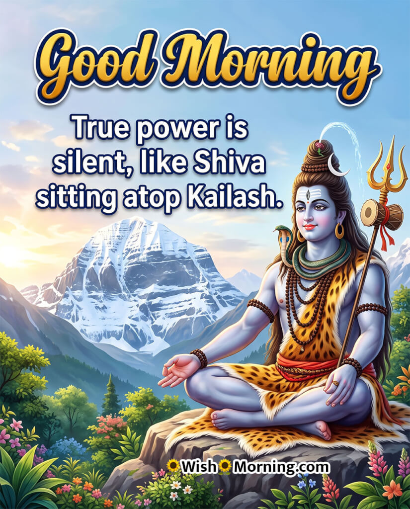 Good Morning Shiva Kailash Strength Quote featuring Lord Shiva meditating before the majestic Mount Kailash, surrounded by Himalayan greenery and flowers, symbolising silent inner power.