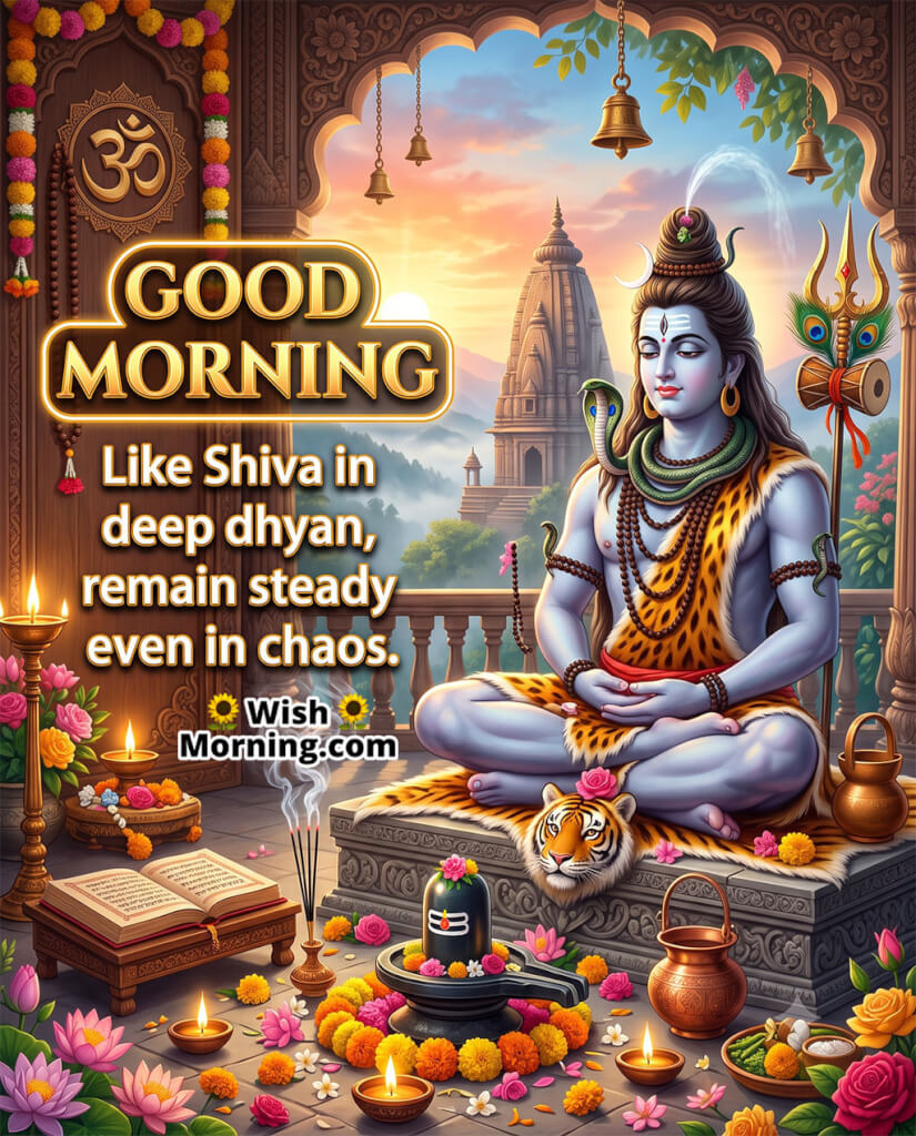 Good Morning Shiva Meditation Quote Image featuring Lord Shiva in deep meditation within a decorated temple setting, surrounded by diyas, flowers, sacred scriptures and a Shiva Lingam symbolising calmness and steadiness.
