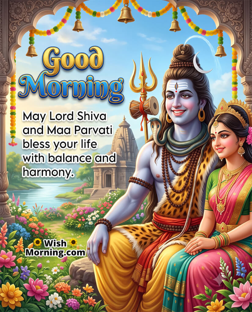 Good Morning Shiva Parvati Blessings Wish Image featuring Lord Shiva and Maa Parvati with a trishul, damru, temple and colourful flowers symbolising balance, harmony and divine blessings.