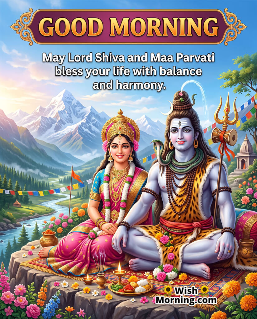Good Morning Shiva Parvati Harmony Wish Image featuring Lord Shiva and Maa Parvati seated together before snow-capped mountains, surrounded by flowers, diyas and sacred offerings symbolising balance and peace.