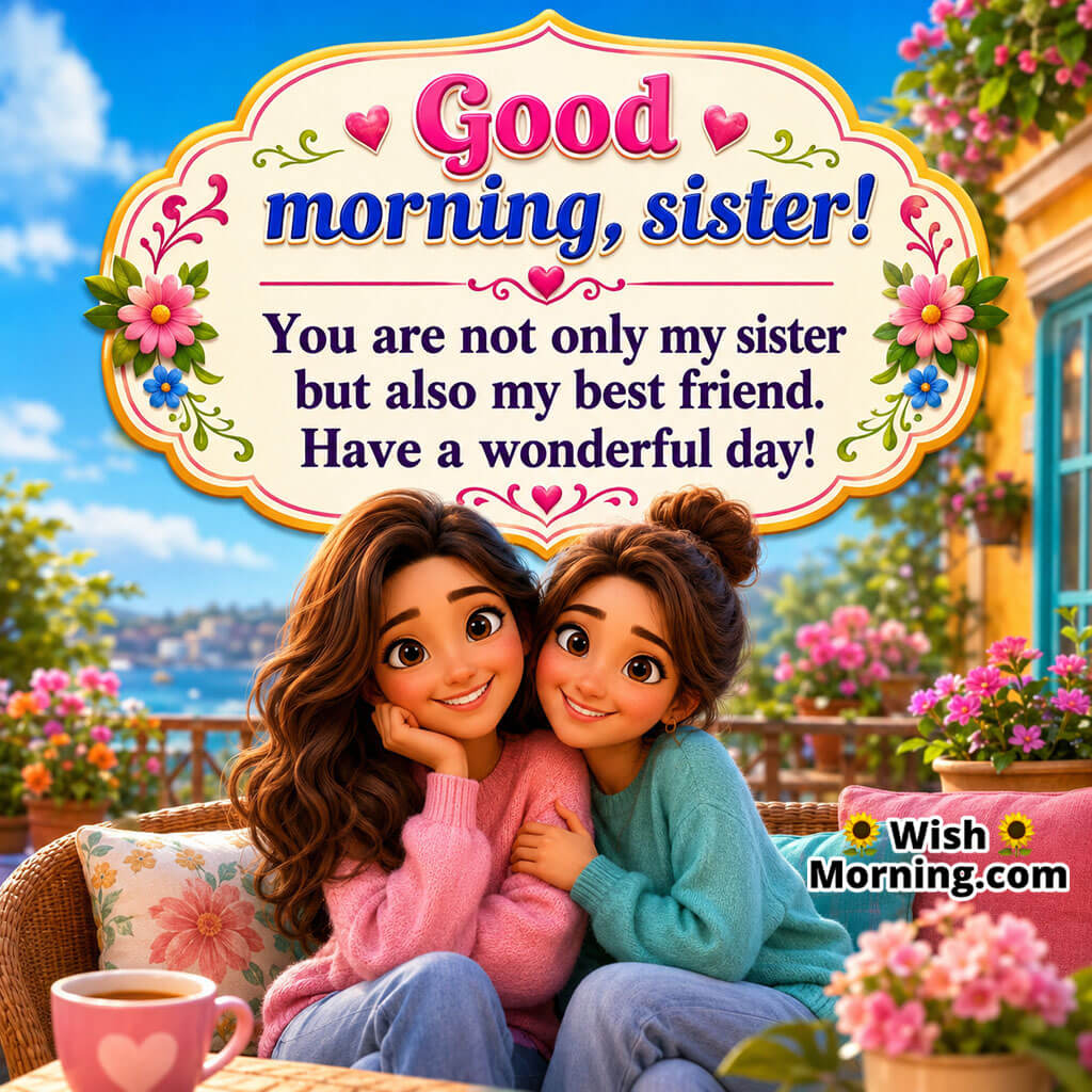 Good Morning Sister Best Friend Image featuring two loving sisters sitting together with warm smiles in a beautiful floral setting, symbolizing friendship, sisterhood, love, and lifelong companionship.