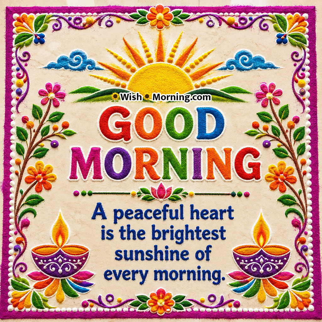 Good Morning Sunrise and Diya Rangoli Image featuring a bright rising sun, colourful floral border, traditional diyas, flowers and decorative rangoli artwork with an inspirational morning quote.