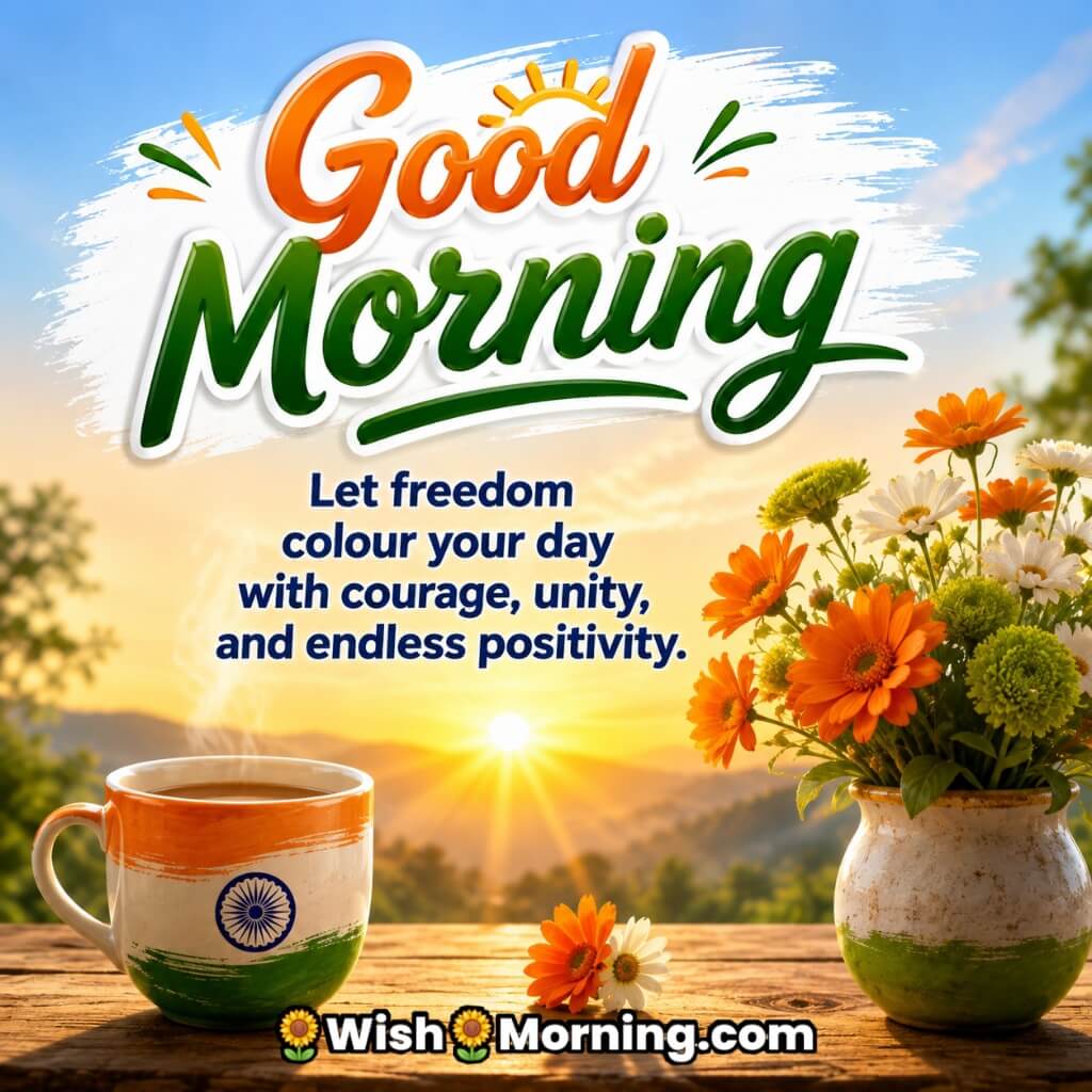 Good Morning Tricolour Flowers Freedom Quote featuring a tricolour tea cup and colourful flowers at sunrise, symbolising courage, unity and positivity.