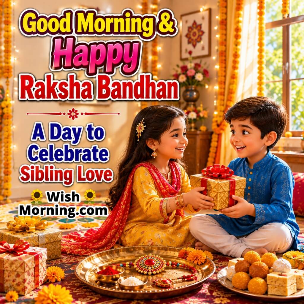 Happy Raksha Bandhan Sibling Love Image featuring a joyful sister and brother exchanging a gift in a decorated Indian home with festive flowers, sweets and a rakhi thali.