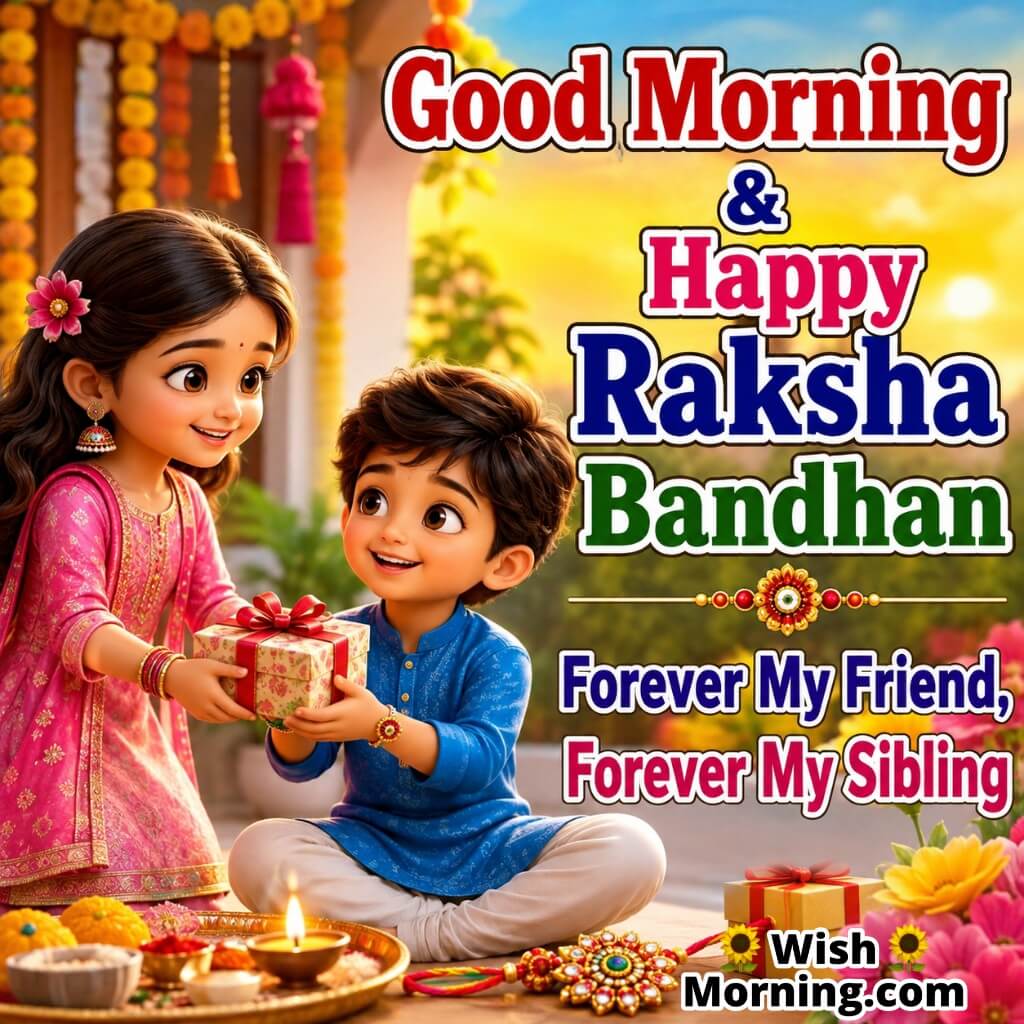 Happy Raksha Bandhan Sibling Wish Image featuring a smiling sister and younger brother with a gift, festive decorations, rakhi thali and warm family bonding.
