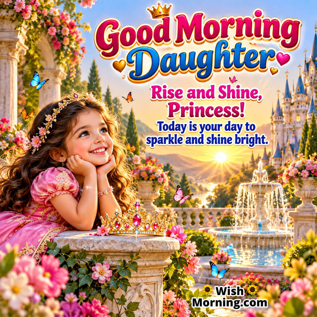 Good Morning Daughter Wishes Image featuring a young girl in a princess dress, a crown, flowers, a grand fountain, and butterflies, symbolizing confidence, joy, and a bright future.
