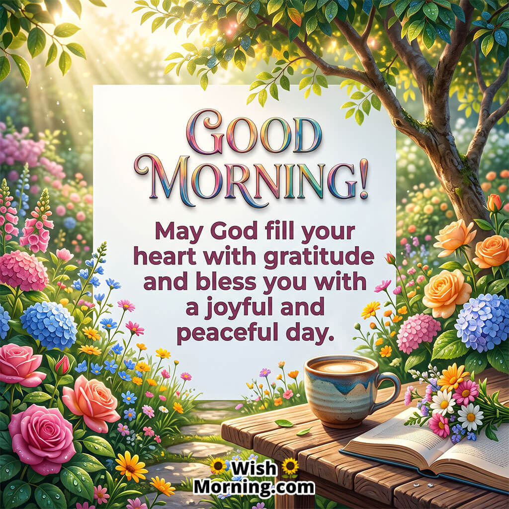 Good Morning God Bless You Image featuring a peaceful garden with colorful flowers, a tree, coffee, and an open book, symbolizing gratitude, blessings, joy, and a peaceful day.