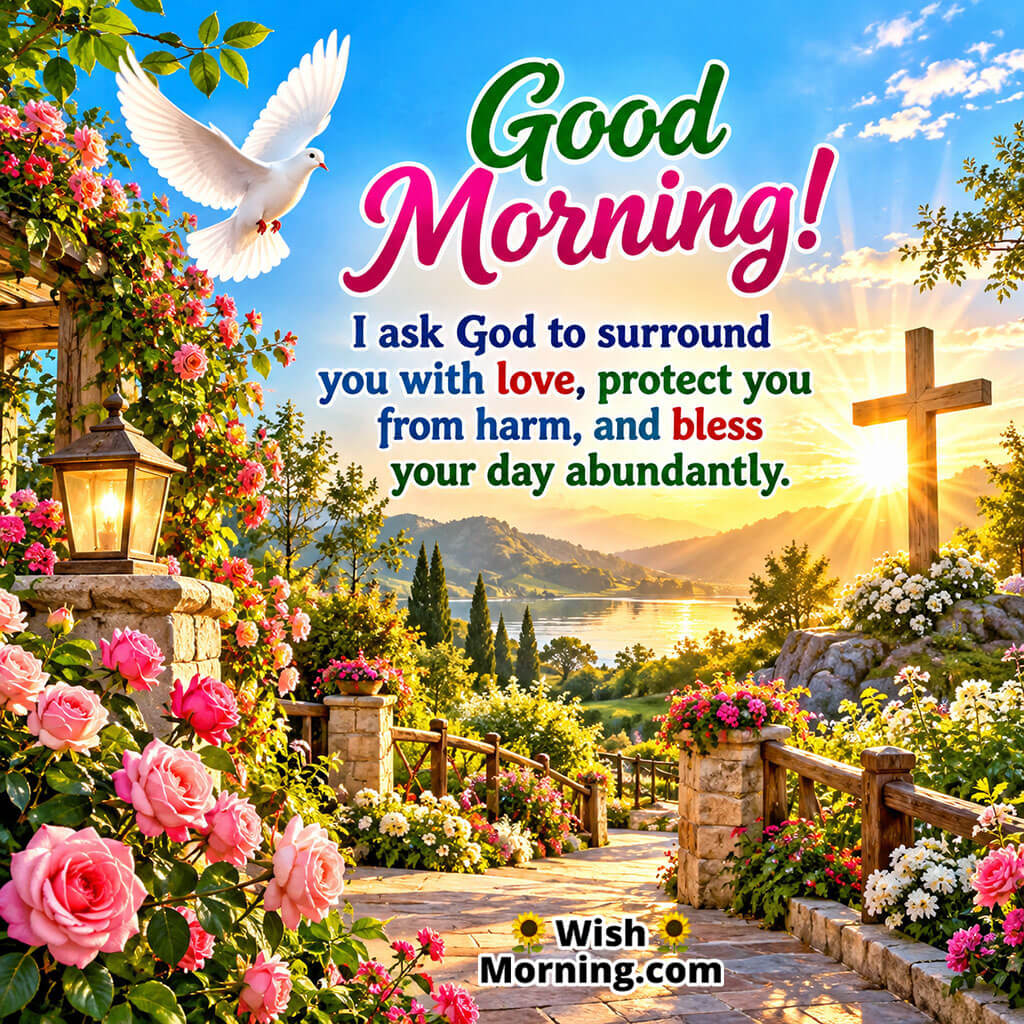 Good Morning God Blessings Image featuring a white dove, cross, blooming roses, a peaceful garden path, mountains, and sunrise, symbolizing God’s love, protection, and abundant blessings.