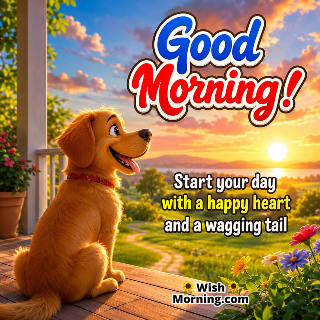Good Morning Happy Dog Image featuring a cheerful golden retriever sitting in a green meadow and watching the sunrise over distant hills.