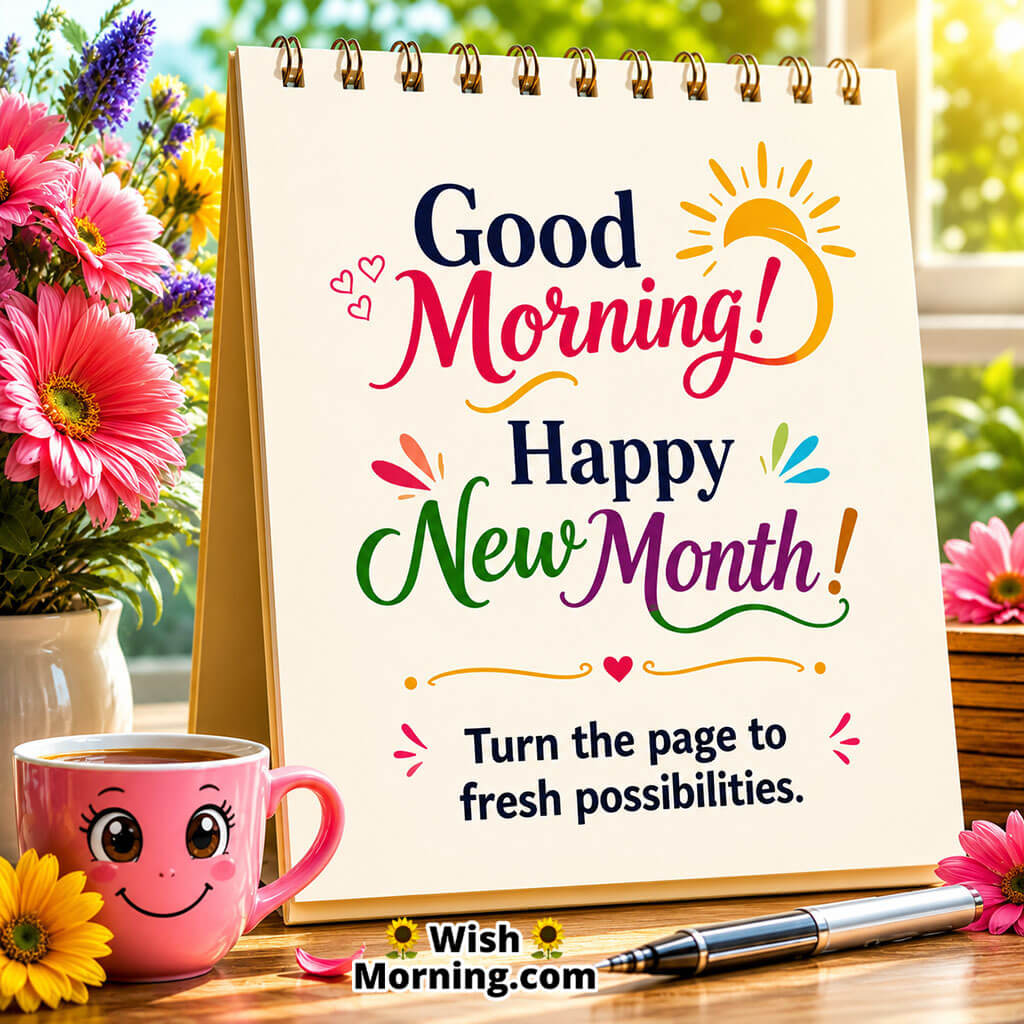 Good Morning Happy New Month Fresh Calendar Page Image featuring a new calendar page, colourful flowers and a cheerful coffee cup in a bright morning setting.